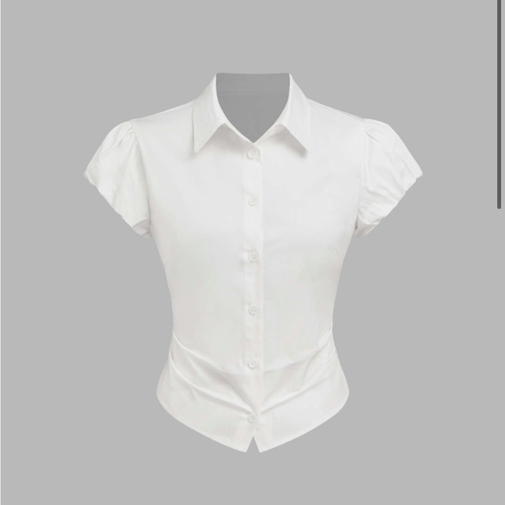 100% COTTON COLLAR RUCHED PUFF SLEEVE SHIRT